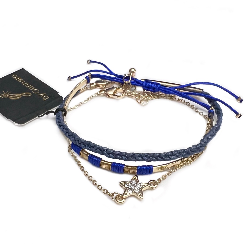 Triple Bracelet Set Braided Blue String Goldtone Star With Clear Rhine 12$